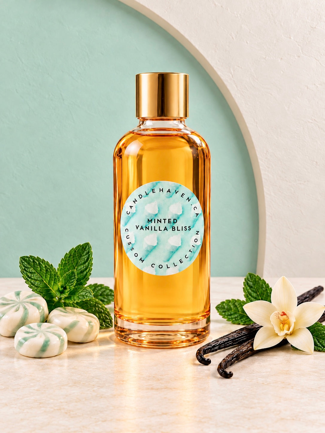 Minted Vanilla Bliss fragrance oil for candle making by Candlehaven on a light surface with a light green background