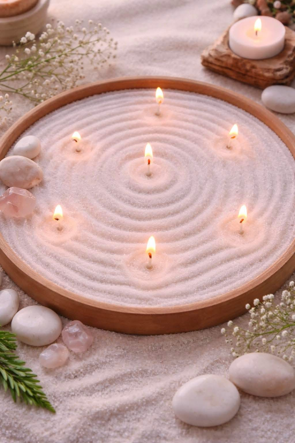 Candlelit sand wax with pebbles and flowers on a textured surface