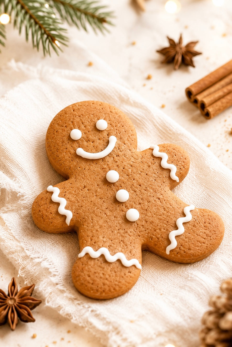 Gingerbread man cookie with white icing on a light background with cinnamon sticks and pine branches depicting candle fragrance oil that smells like Gingerbread