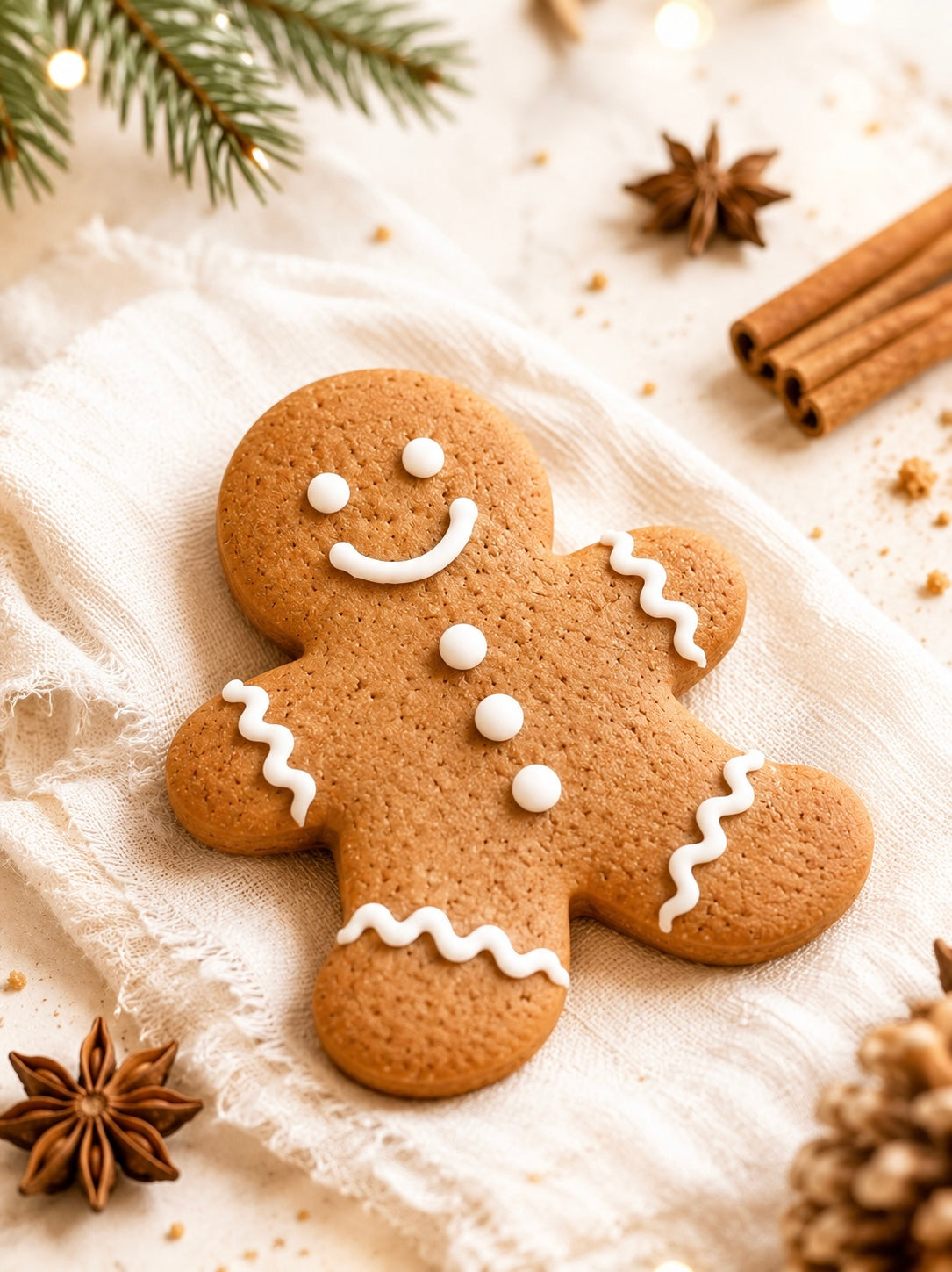 Gingerbread man cookie with white icing on a light background with cinnamon sticks and pine branches depicting candle fragrance oil that smells like Gingerbread