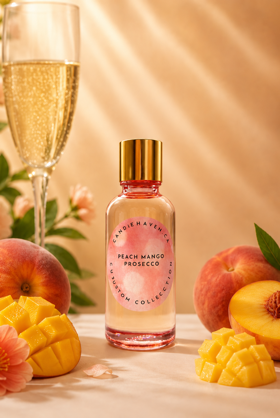 Bottle of Peach Mango Prosecco fragrance oil by candlehaven with peaches, mangoes, and a glass of champagne on a table.