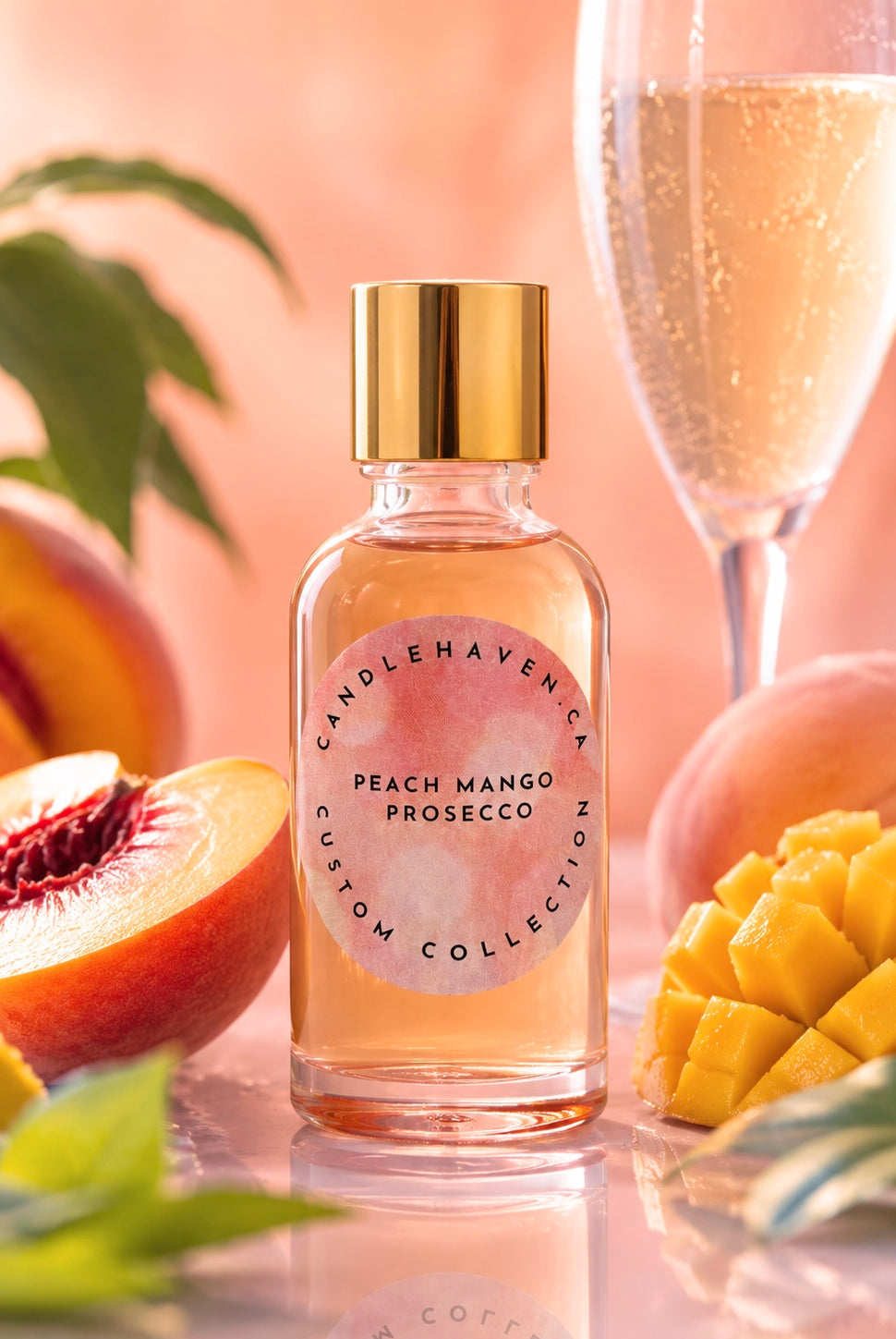 Pink bottle of peach mango prosecco fragrance oil by candlehaven on a light coloured background