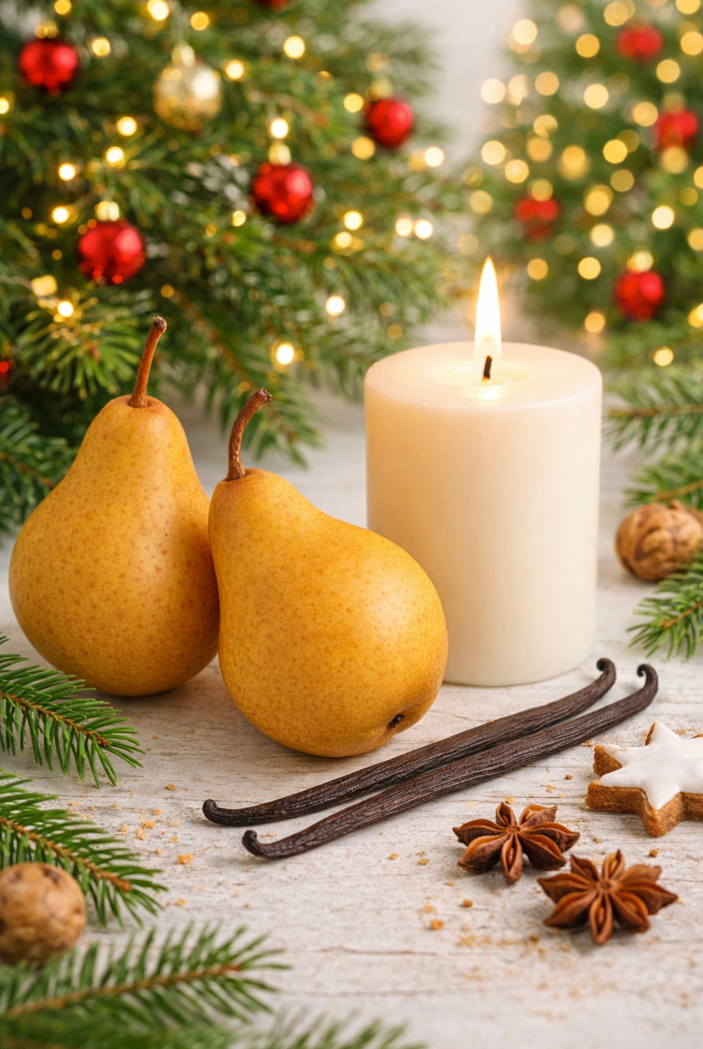 Christmas candle fragrance oil | Two pears, a candle, vanilla beans, and star anise on a table with Christmas trees in the background.