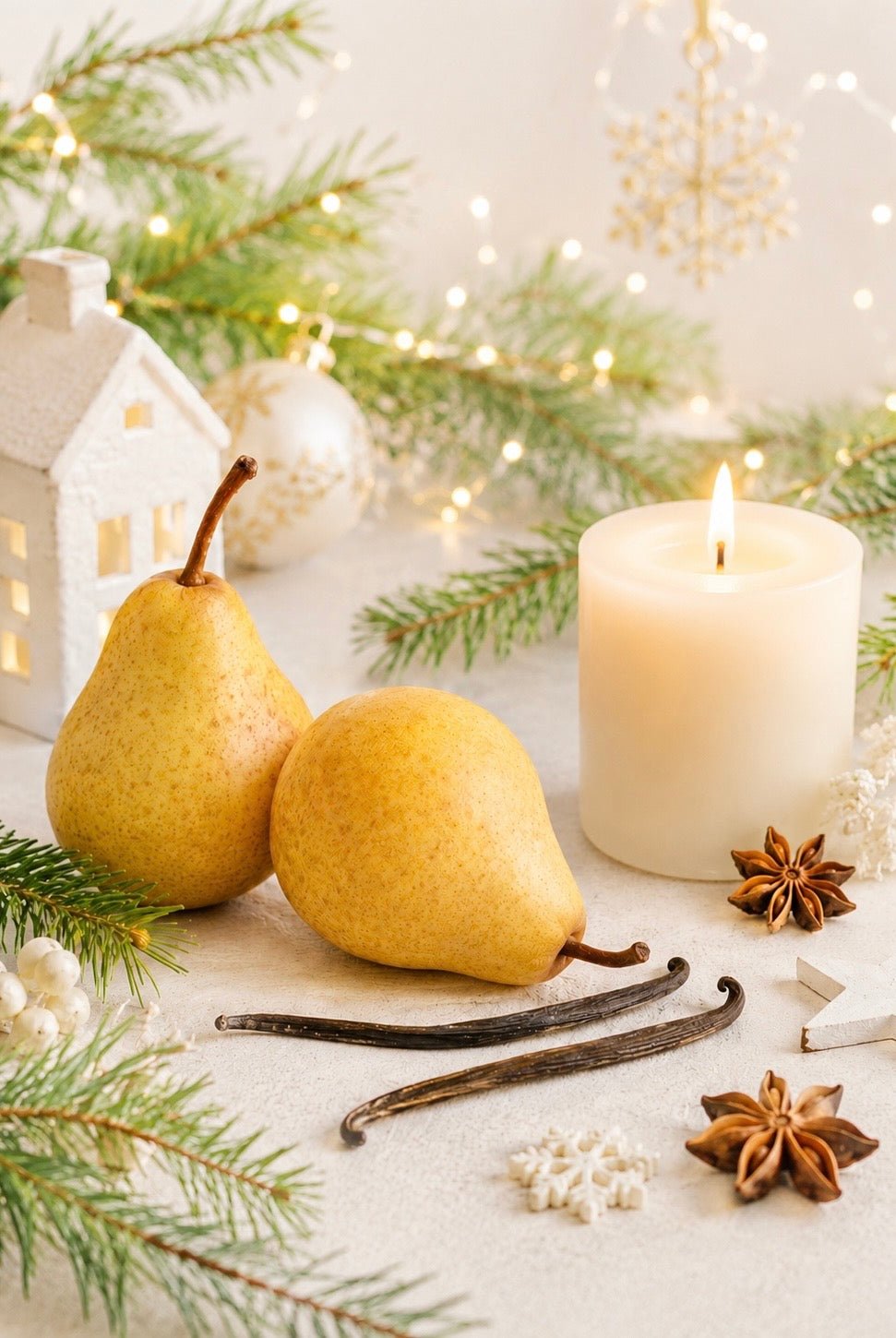 Two pears, a candle, vanilla beans, and star anise on a surface with festive decorations
Depicting a holiday fragrance oil for candle making
