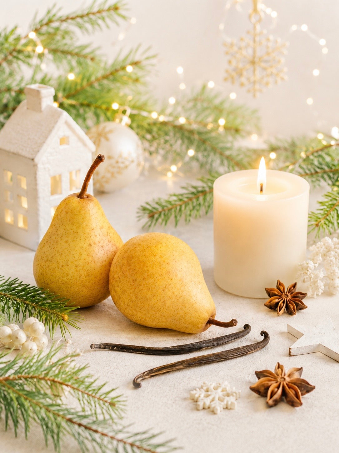 Two pears, a candle, vanilla beans, and star anise on a surface with festive decorations
Depicting a holiday fragrance oil for candle making