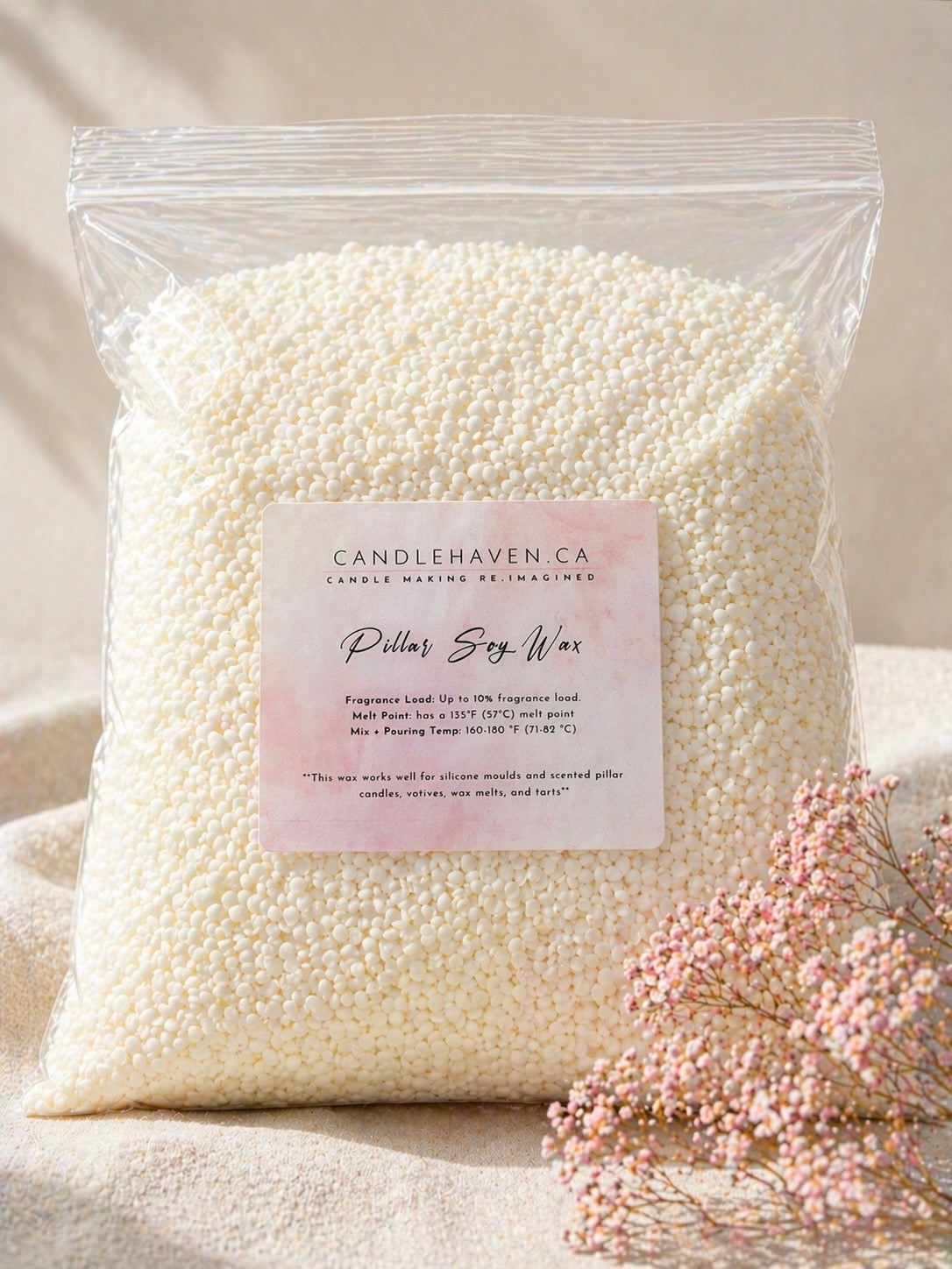 Bag of Candlehaven.ca Pillar Soy Wax for candle making with a label on a neutral background