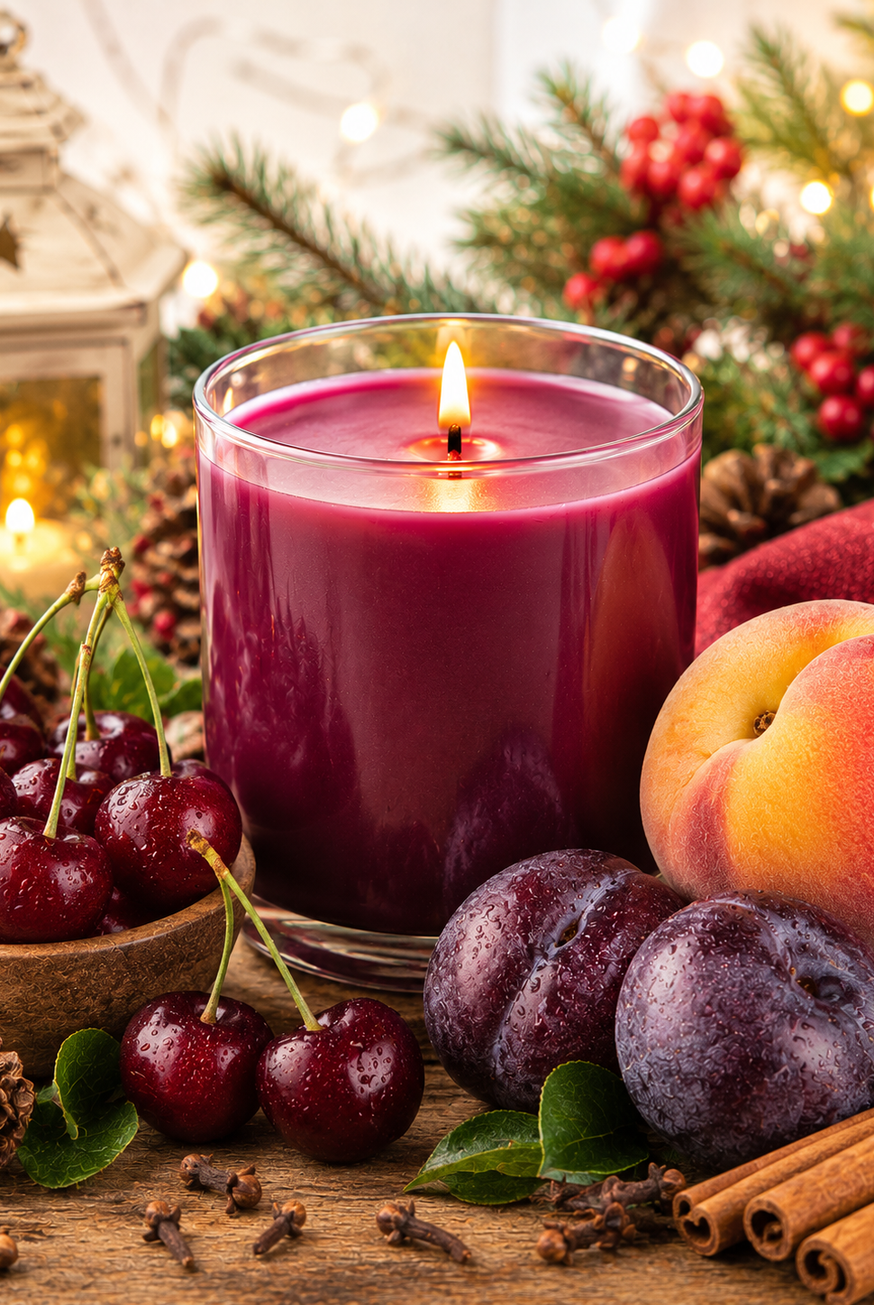Purple plum scented candle in a glass jar surrounded by fruits and spices with a festive background