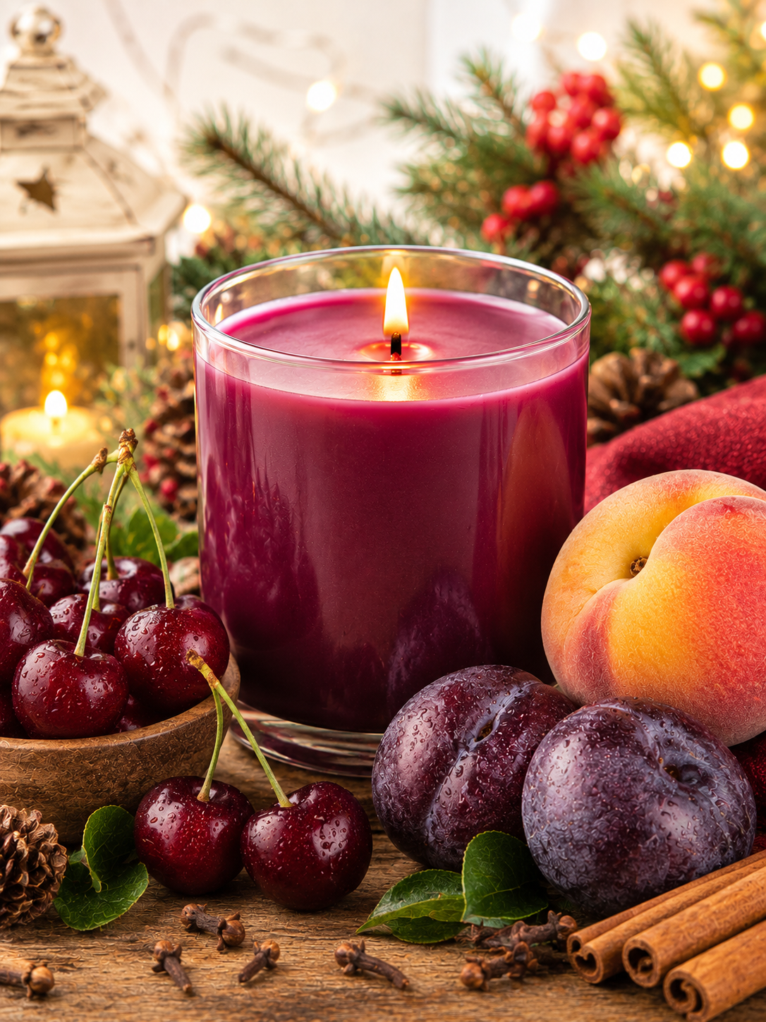 Purple plum scented candle in a glass jar surrounded by fruits and spices with a festive background