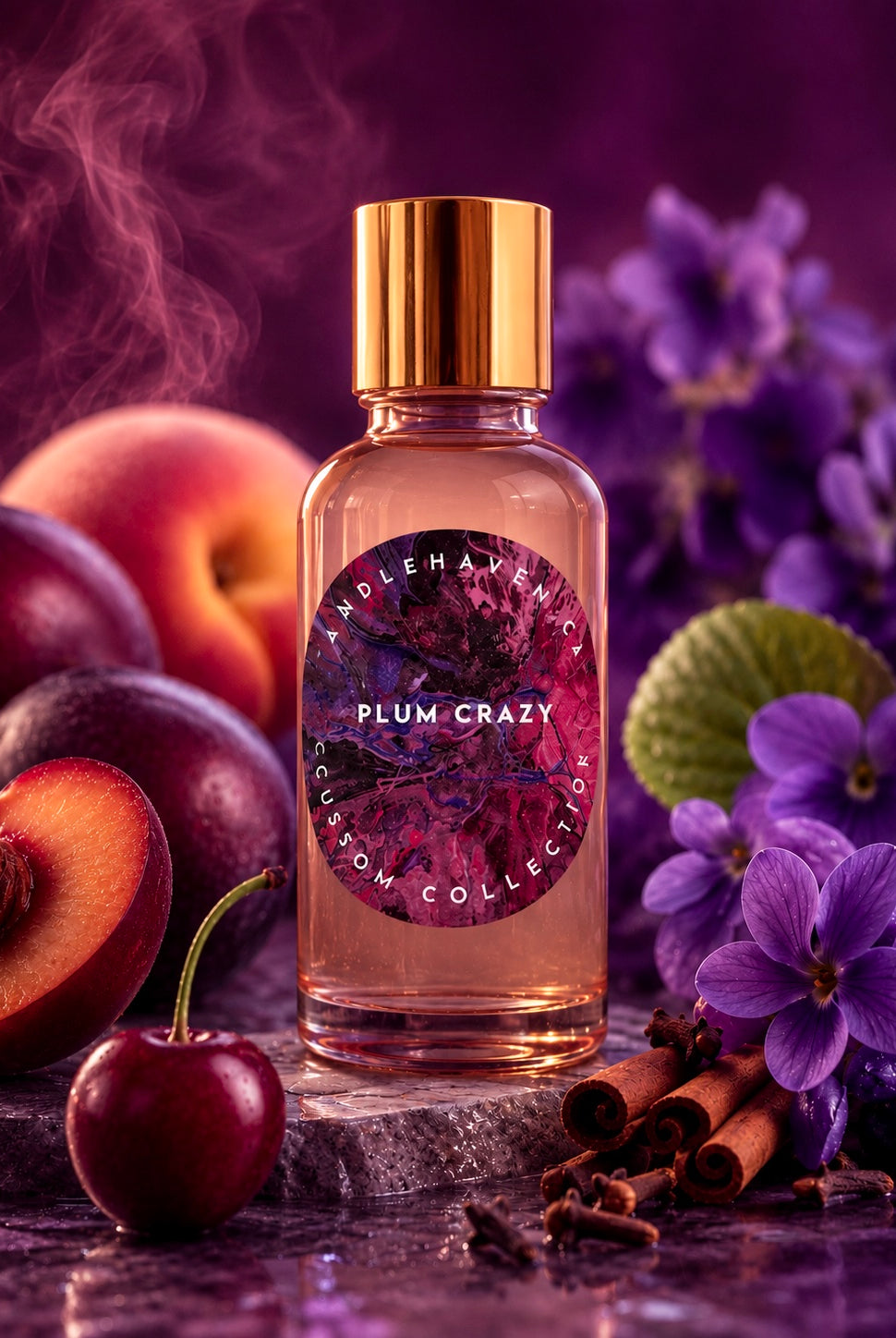 A bottle of fragrance oil for candle making from the brand 'Candlehaven.ca' named 'Plum Crazy', styled with plum, cherry, and purple flowers on a dark purple background.