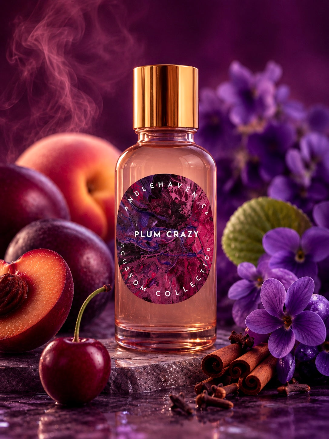 A bottle of fragrance oil for candle making from the brand 'Candlehaven.ca' named 'Plum Crazy', styled with plum, cherry, and purple flowers on a dark purple background.