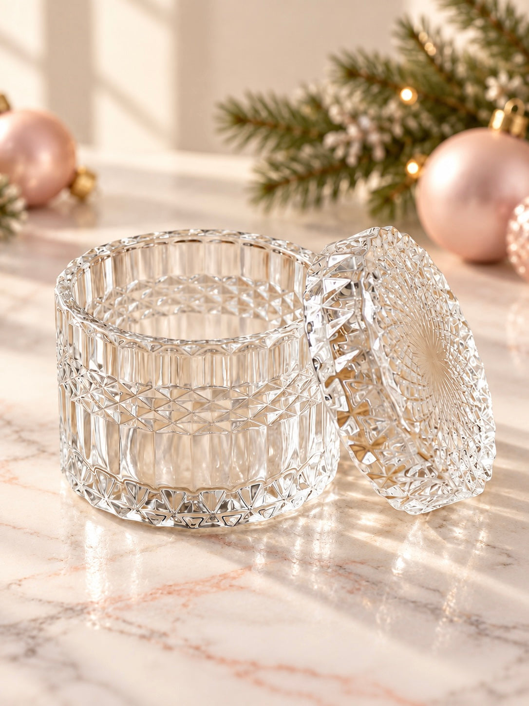 Posh vessel for candle making with lid on a pink marble background with Christmas decor