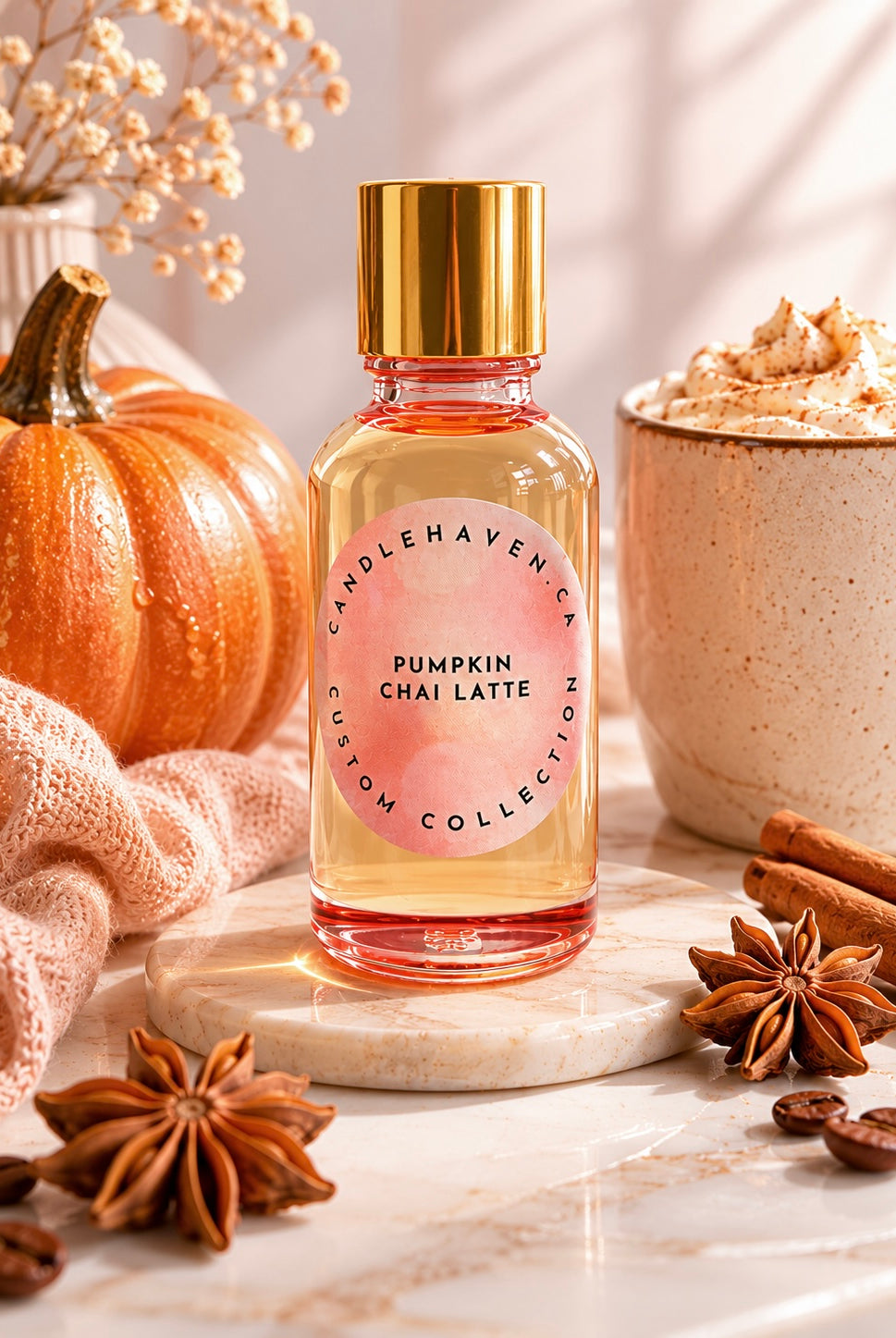 Bottle of 'Pumpkin Chai Latte' fragrance oil by Candlehaven.ca with pumpkins, cinnamon sticks, and star anise on a marble surface.