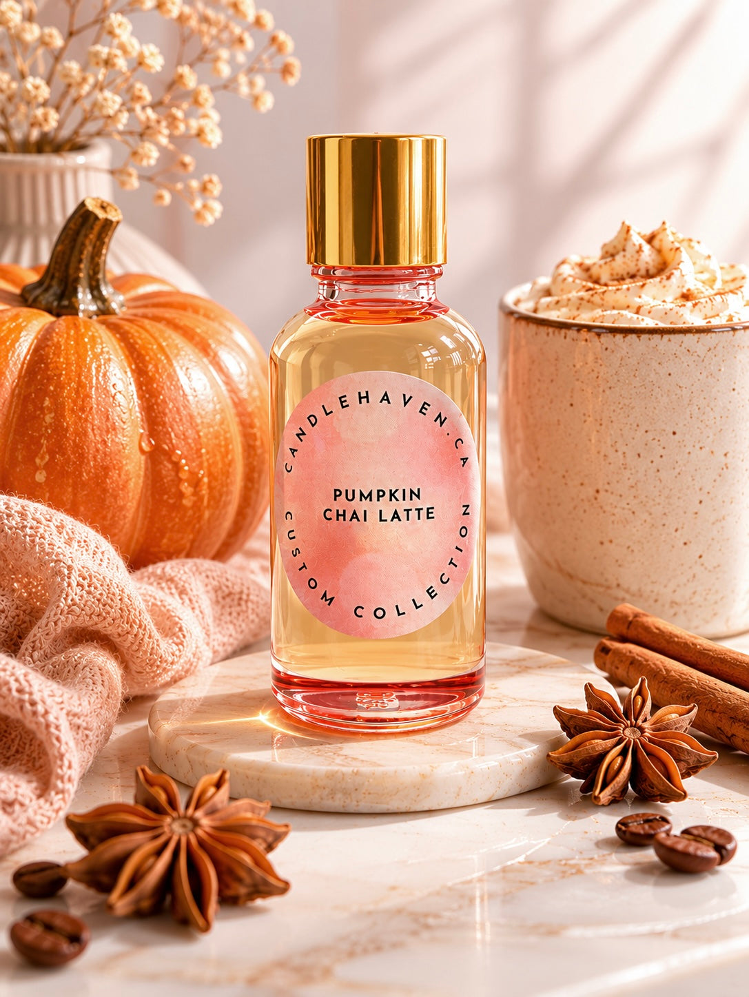 Bottle of 'Pumpkin Chai Latte' fragrance oil by Candlehaven.ca with pumpkins, cinnamon sticks, and star anise on a marble surface.