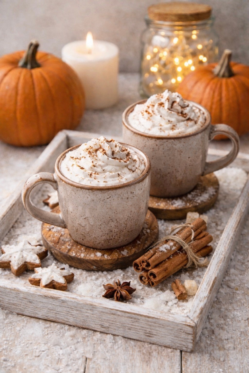 Pumpkin Spice with whipped cream on a tray with pumpkins and candles in the background | Pumpkin Spice is the best candle scent.