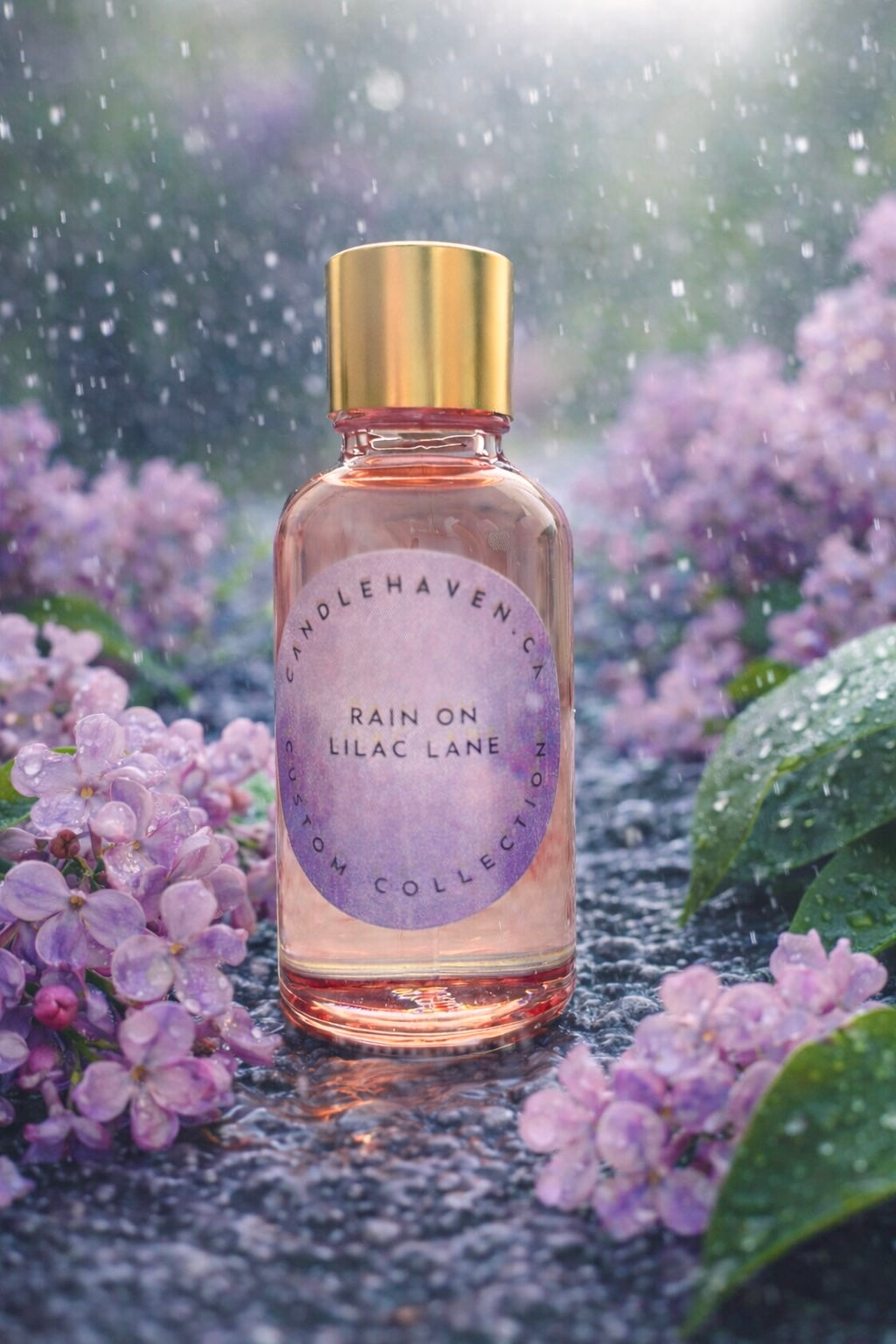 Bottle of 'Rain on Lilac Lane' with gold cap and purple label surrounded by lilac flowers in a rain shower.