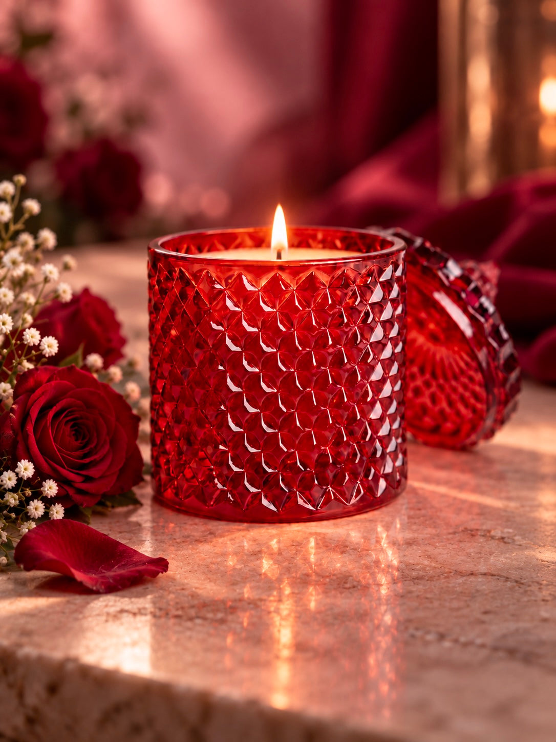 Red glass vessel and lid used for candle making on a romantic background with red roses