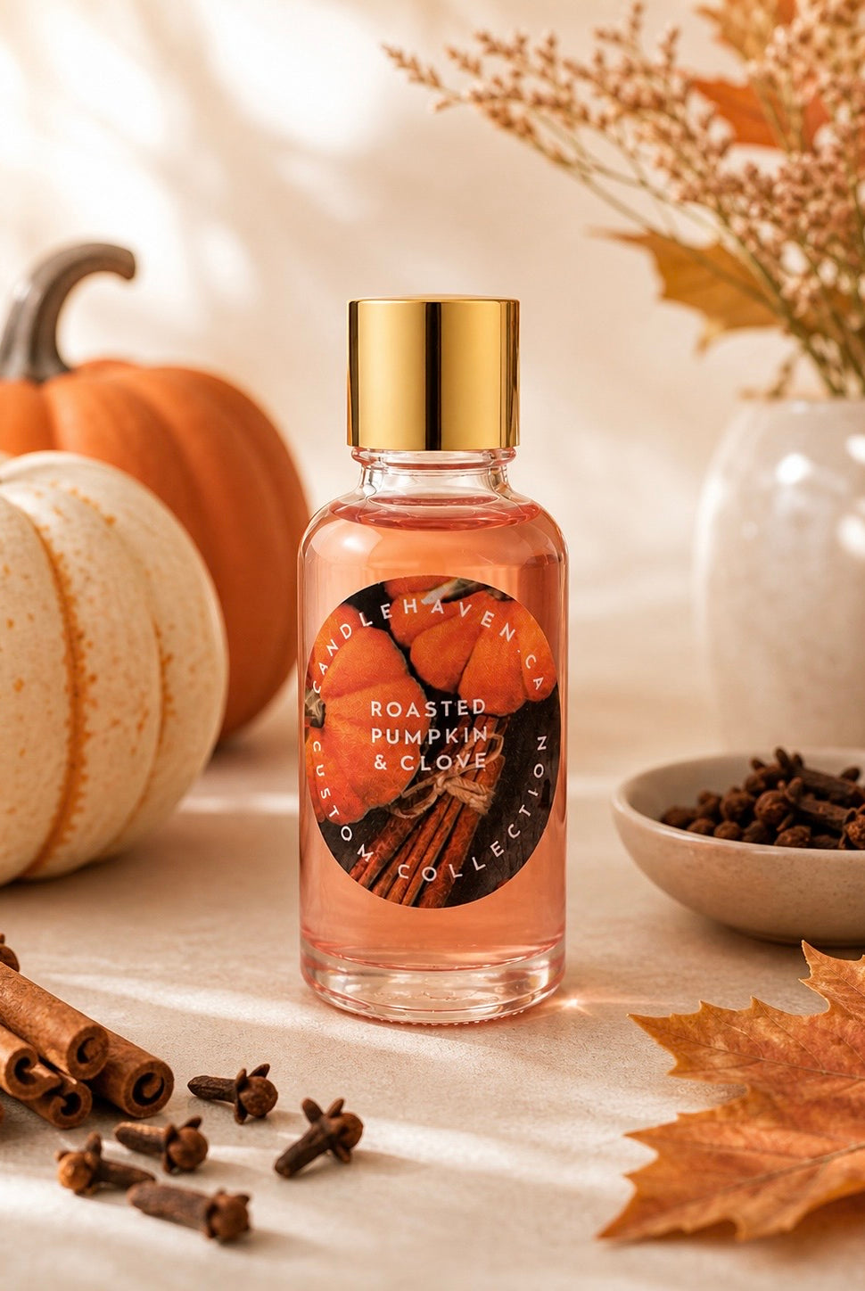 Bottle of Roasted Pumpkin Clove fragrance oil by Candlehaven.ca for making candles, on a light background with fall props.