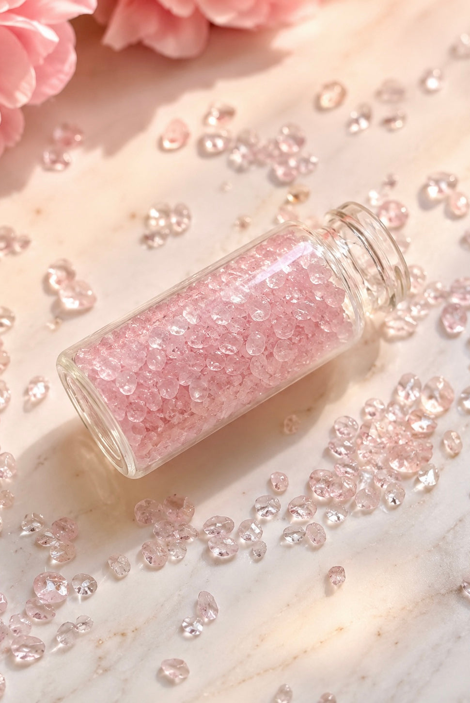Rose Quartz mini chips on a light coloured background with pink flowers