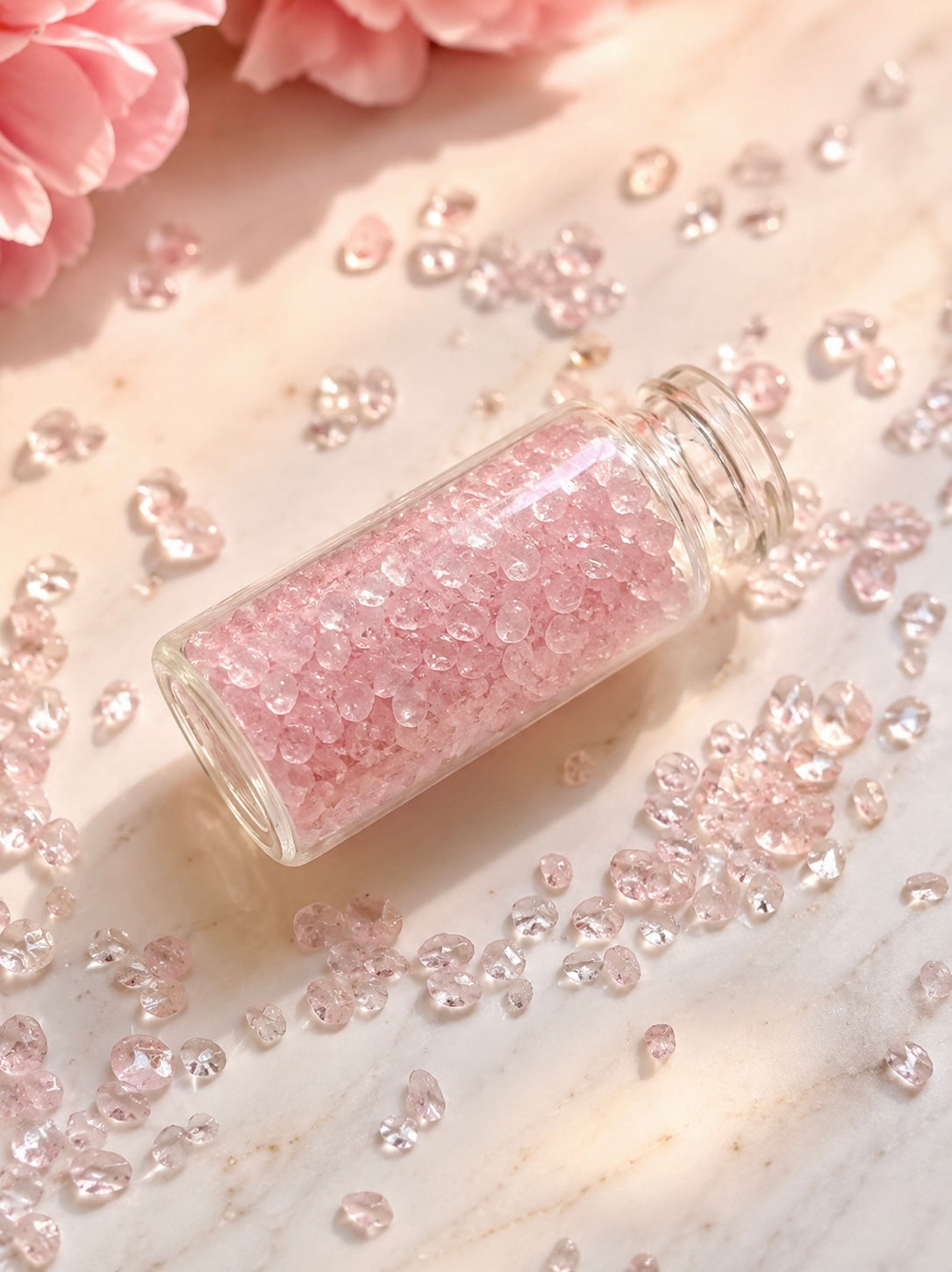Rose Quartz mini chips on a light coloured background with pink flowers
