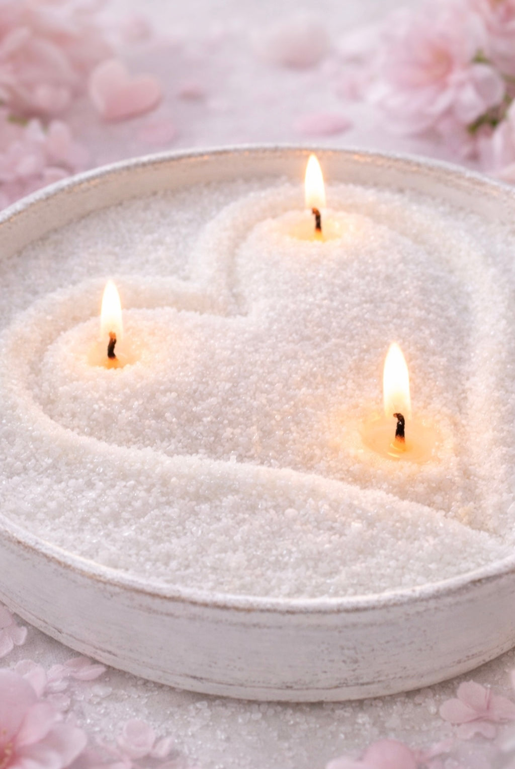 Sand wax in a white bowl shaped into a heart design with three lit wicks | Sand wax is made from palm wax