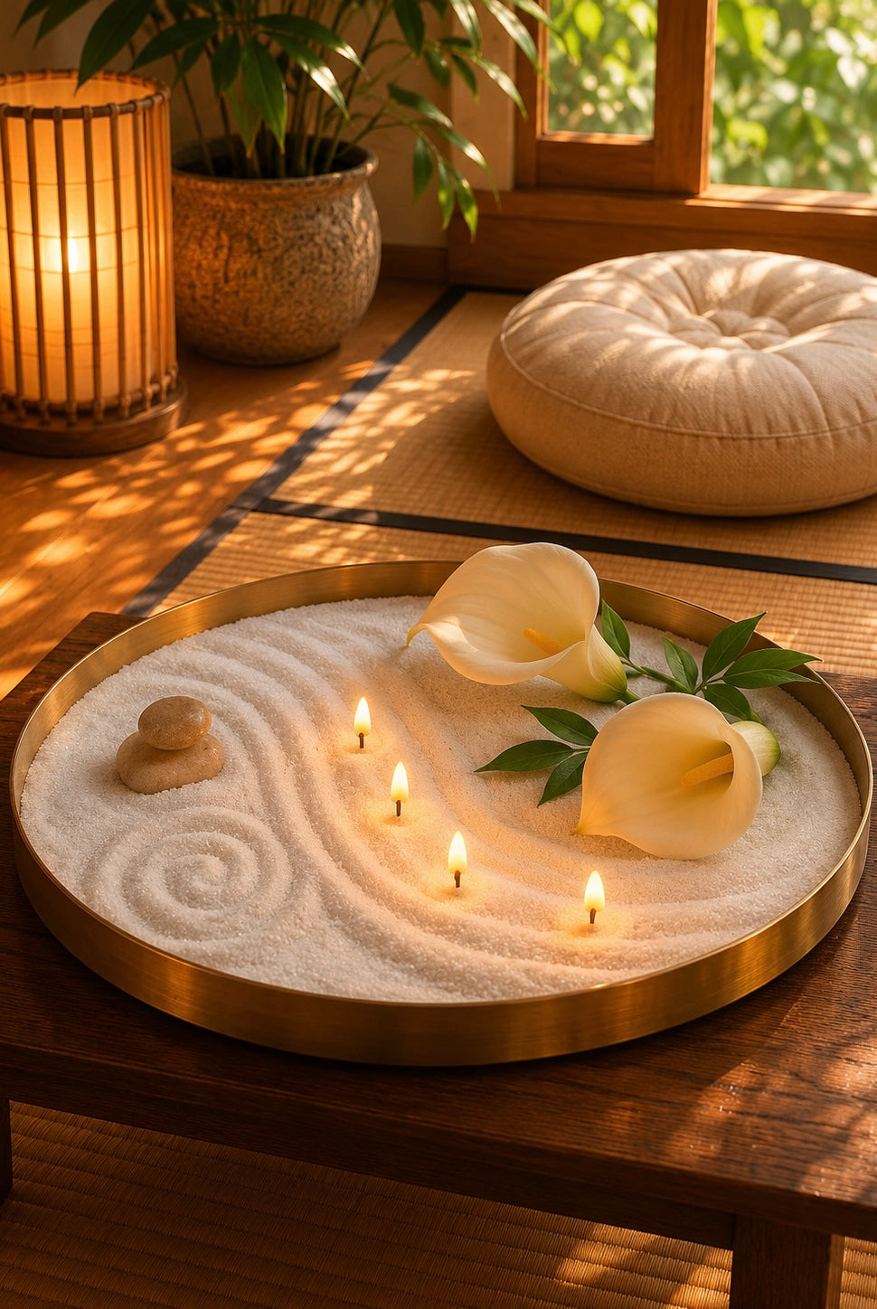 A sand wax candle lit in a zen space