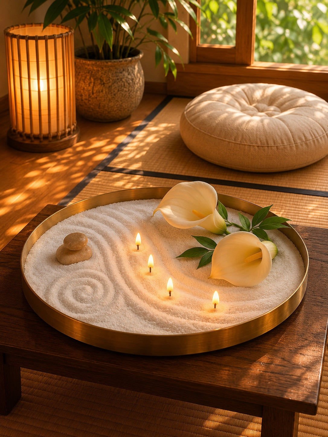 A sand wax candle lit in a zen space