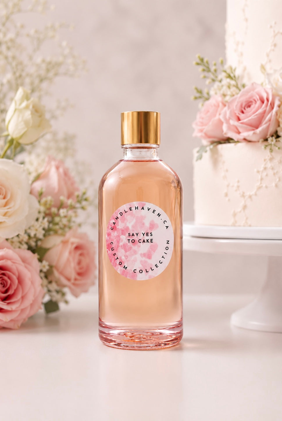 Pink bottle of say yes to cake fragrance oil for candle and soap making by candlehaven.ca