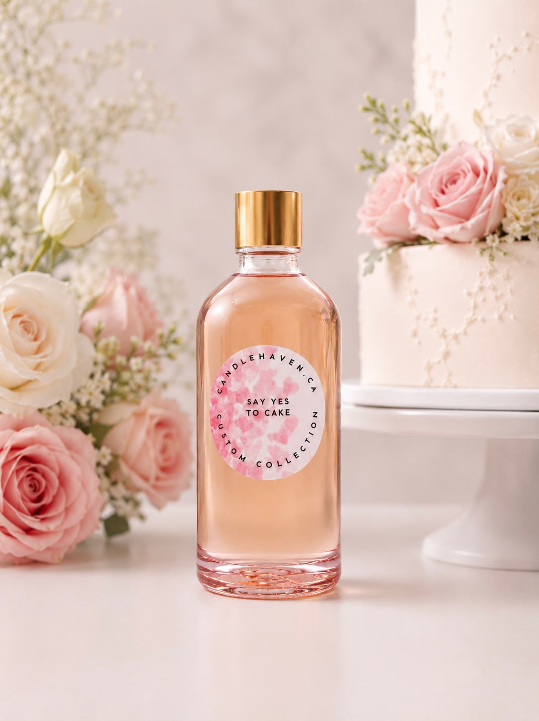 Pink bottle of say yes to cake fragrance oil for candle and soap making by candlehaven.ca