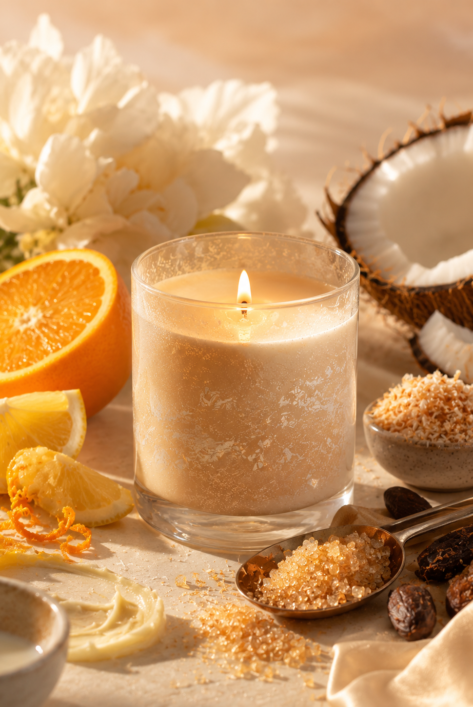 A lit candle in a clear glass jar sits on a warm beige surface surrounded by spa-like ingredients, including a sliced orange, white flowers, a halved coconut, sugar in spoons, and dried botanicals. The image depicts fragrance oil Silk & Sugar by Candlehaven used in candle making.