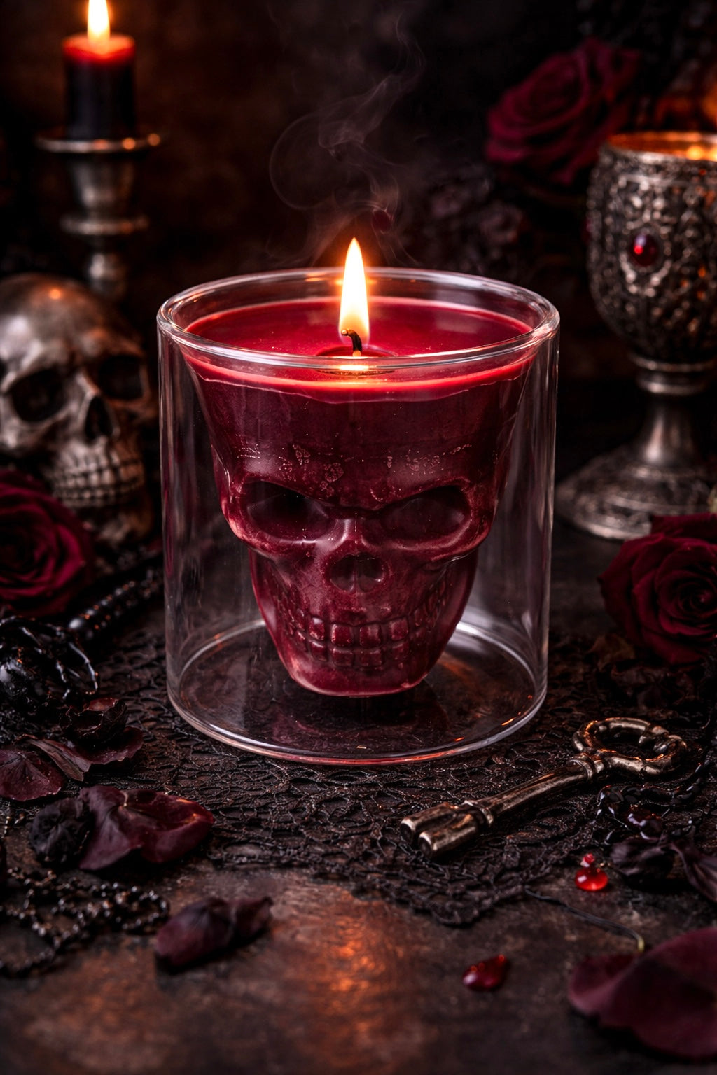 Double wallSkull candle vessel in a dark, mystical setting.