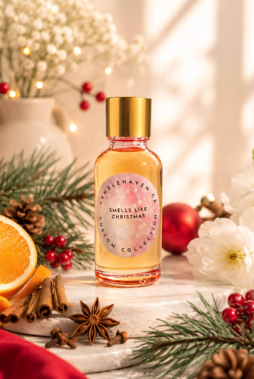 Fragrance oil bottle labeled 'Smells Like Christmas' by Candlehaven.ca surrounded by festive decorations on a wooden surface.