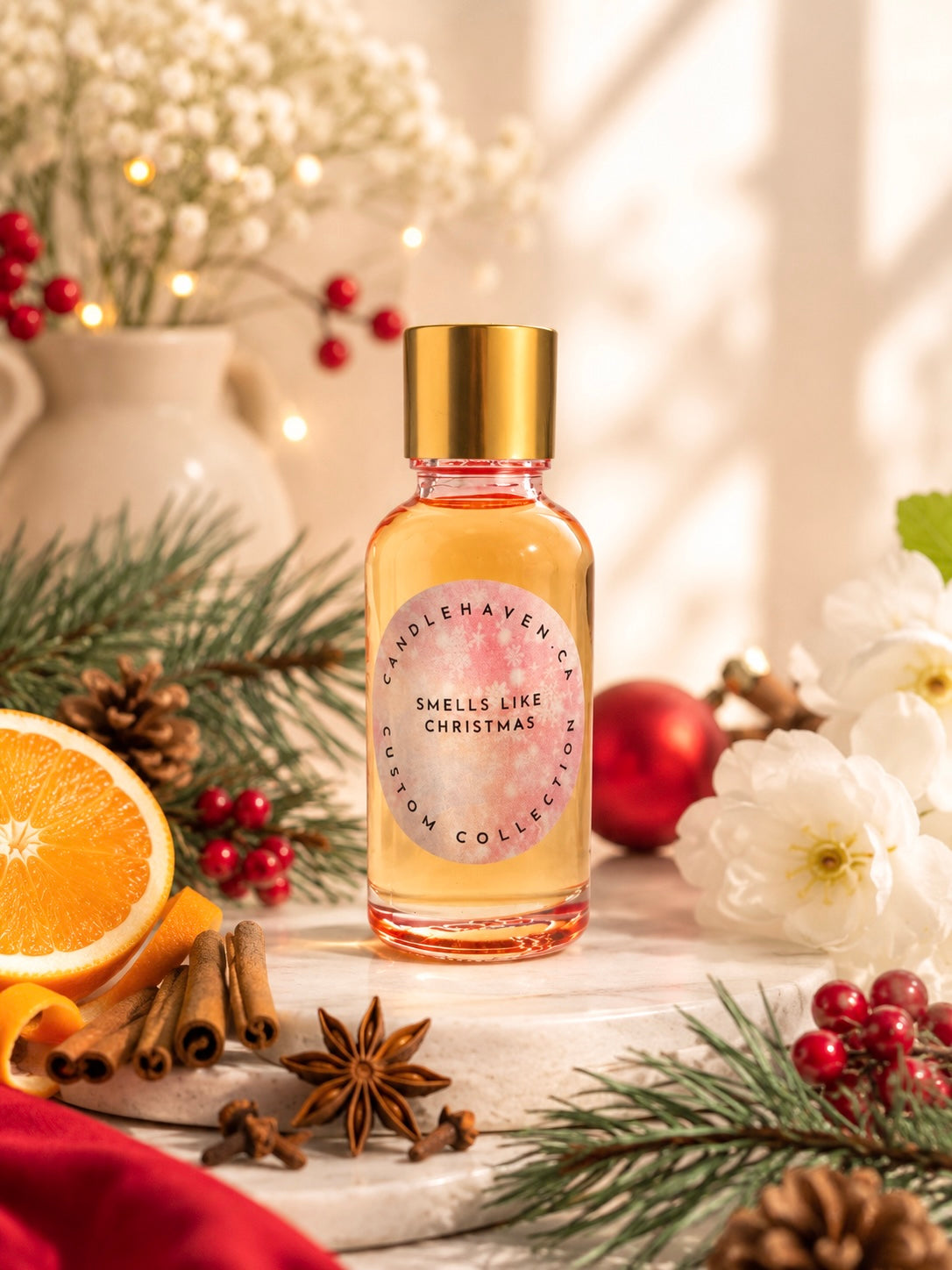 Fragrance oil bottle labeled 'Smells Like Christmas' by Candlehaven.ca surrounded by festive decorations on a wooden surface.