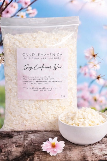 Bag of Candlehaven.ca soy container wax with a bowl of wax and flowers in the background