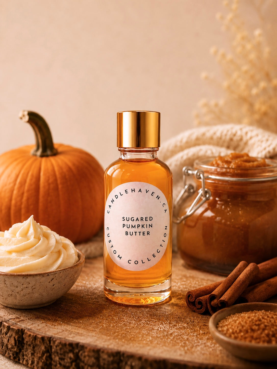 Bottle of sugared pumpkin butter candle fragrance oil on a wooden surface with pumpkins, cinnamon sticks, and a bowl of cream.