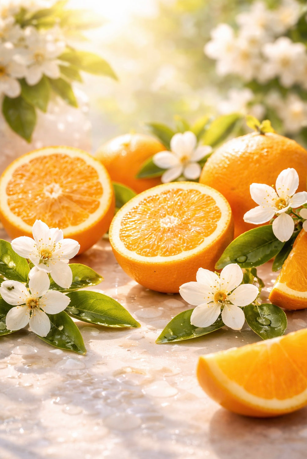 Oranges with white flowers and green leaves on a textured surface