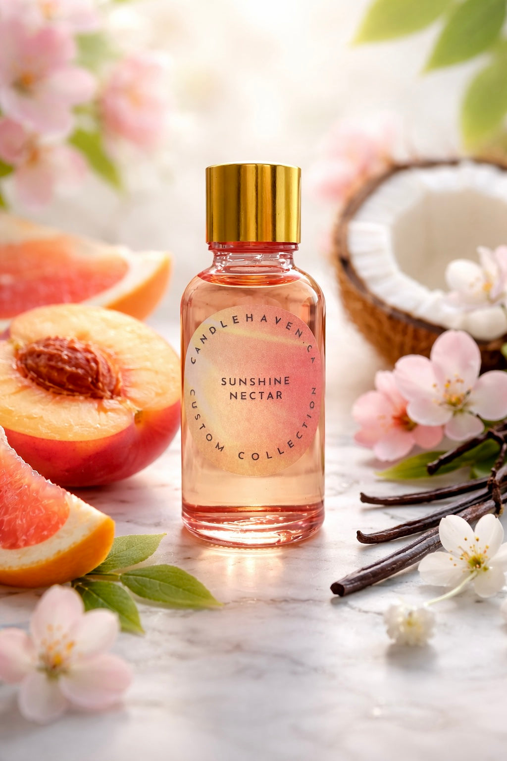 Candle making supplies | Bottle of Sunshine Nectar with fruits and flowers on a marble surface