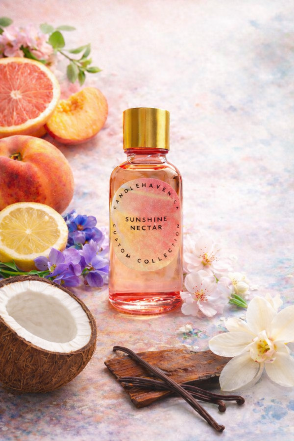 Bottle of 'Sunshine Nectar' with fruits and flowers on a textured surface