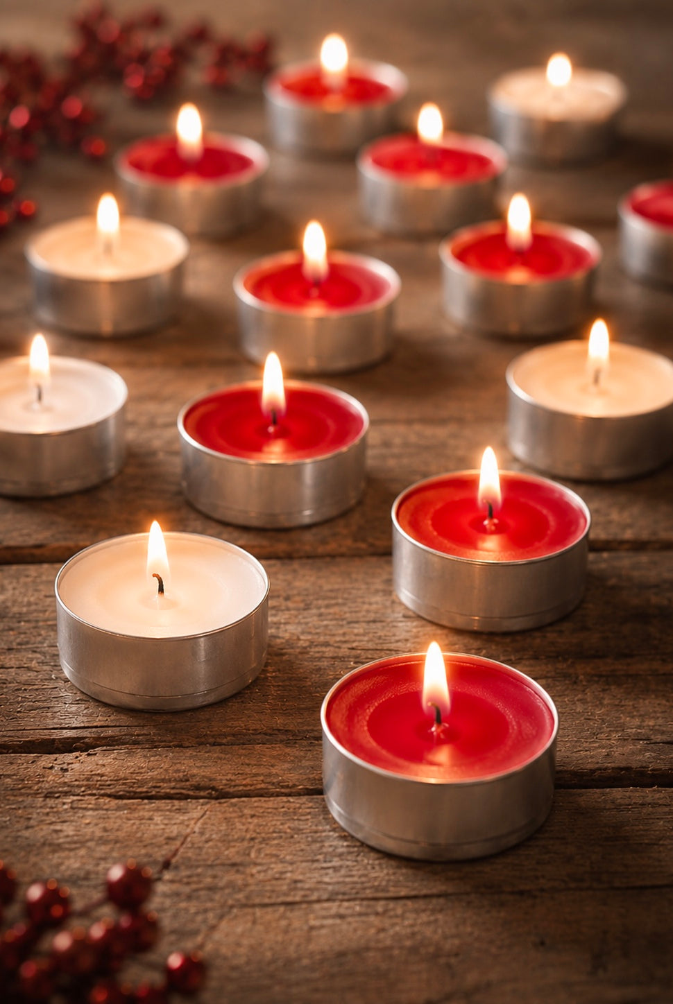Tea light candles with red wax and silver holders on a wooden surface.
