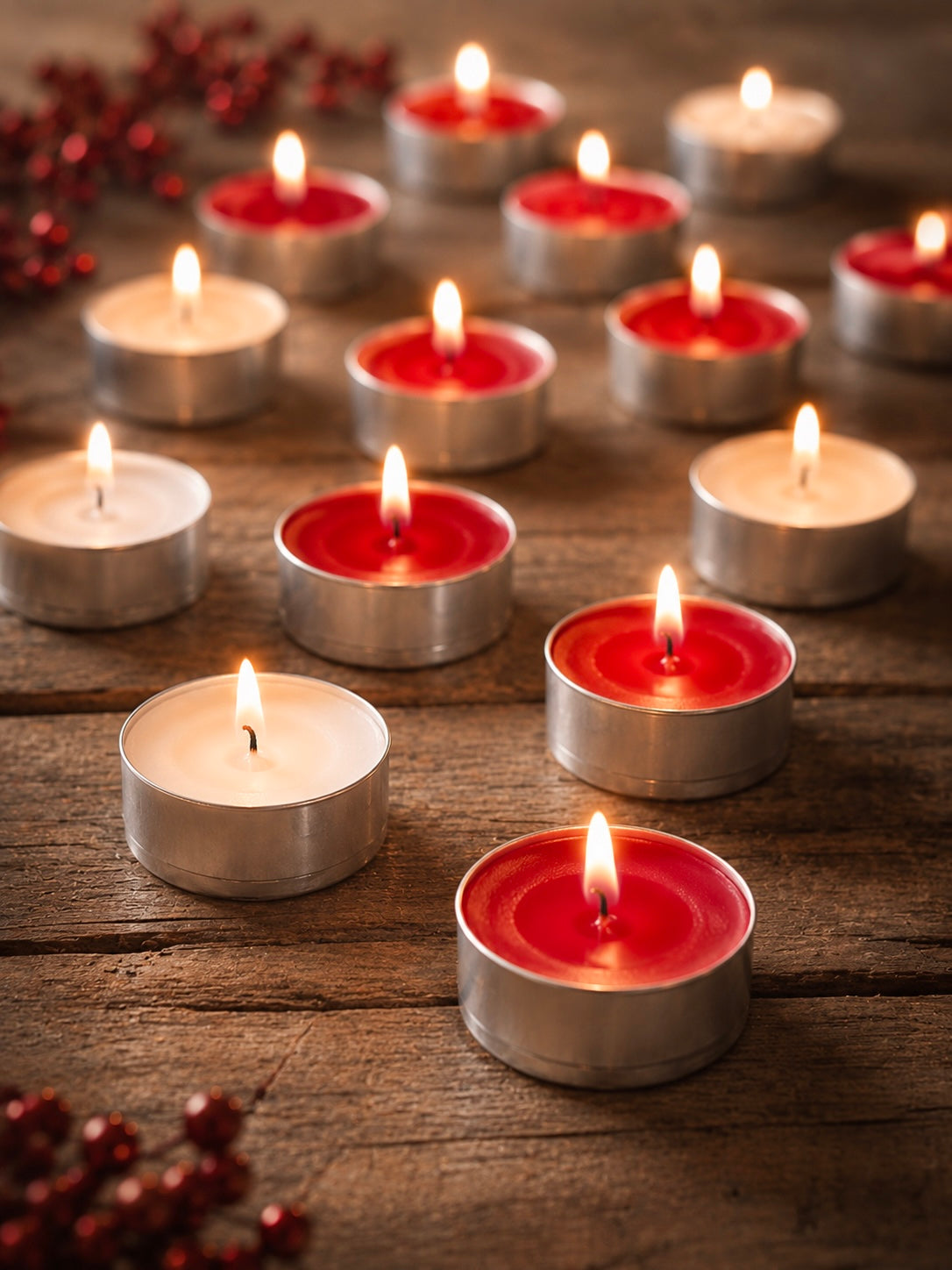 Tea light candles with red wax and silver holders on a wooden surface.