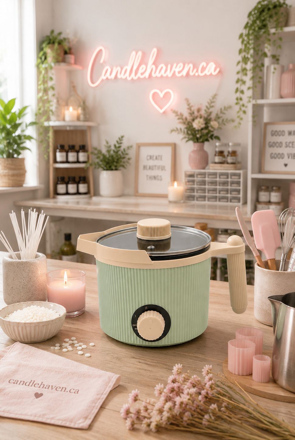 Green wax melter on a wooden table with 'Candlehaven.ca' branding, surrounded by decorative items.