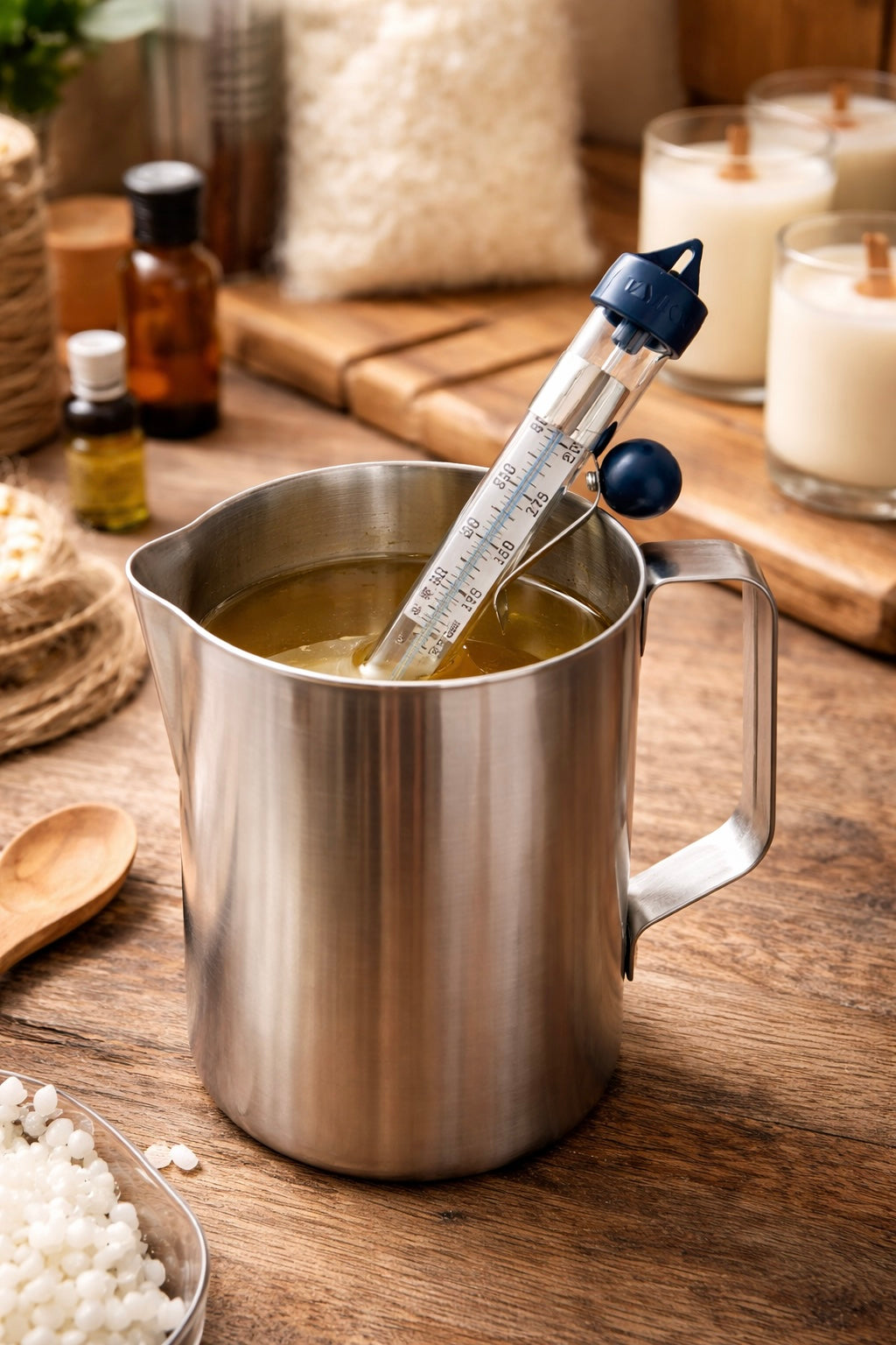 Metal pitcher with a thermometer on a wooden surface with ingredients and candles in the background