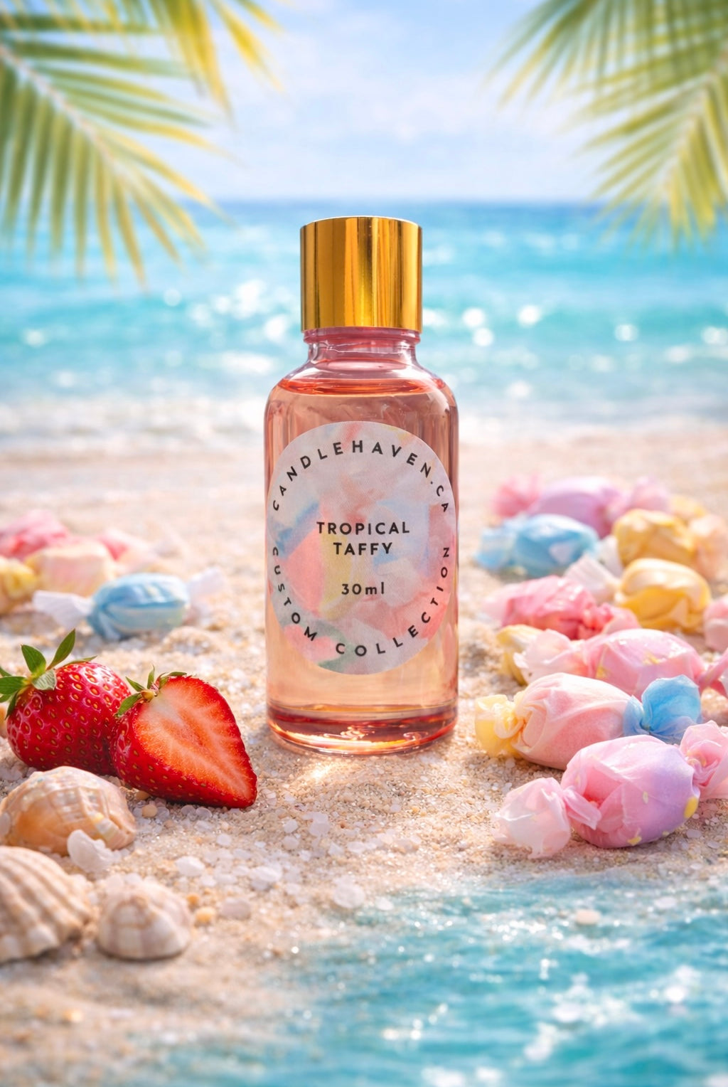 Bottle of Candlehaven.ca ‘Tropical Taffy’ candle fragrance oil on a beach with seashells and strawberry