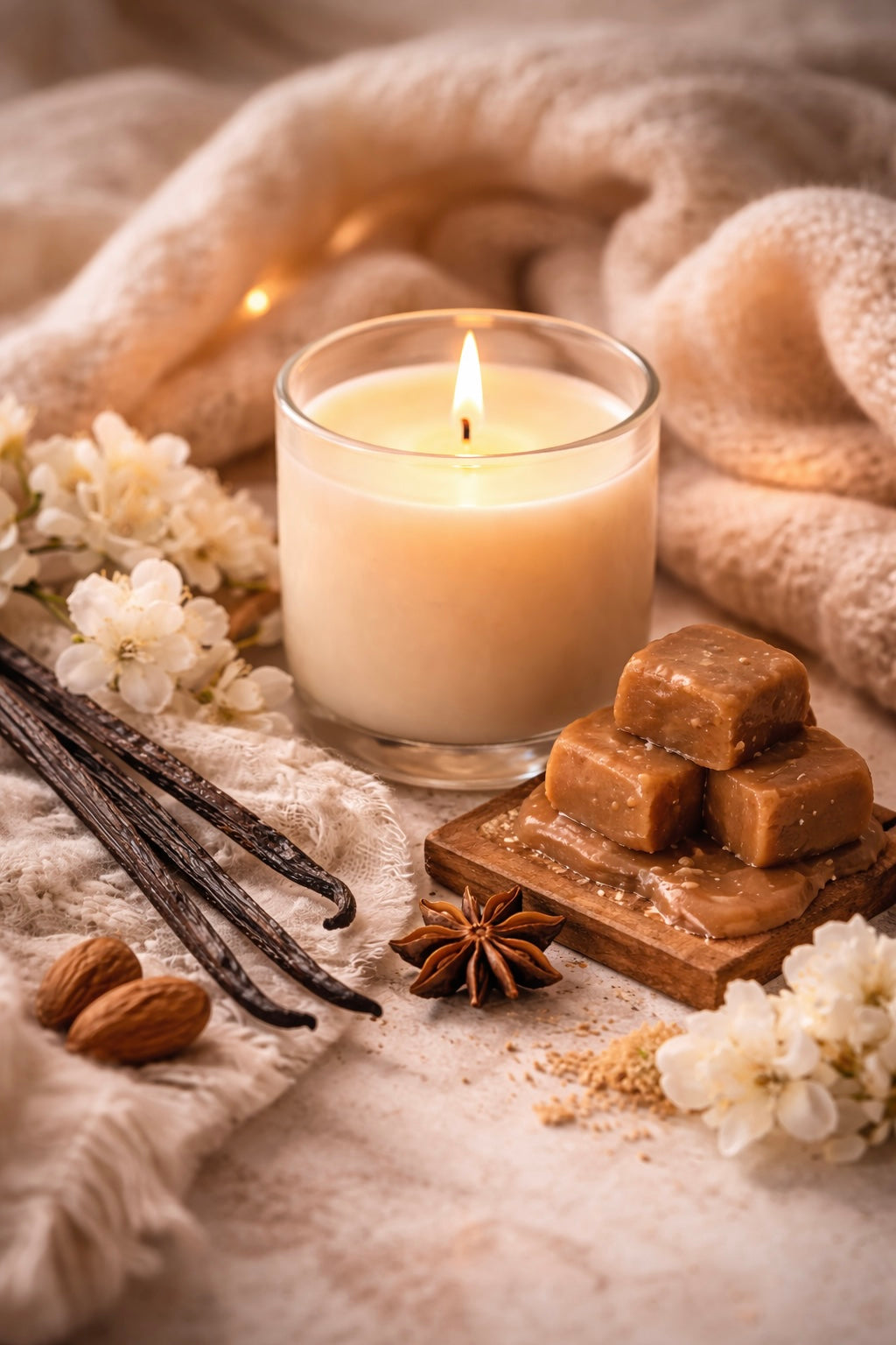 Candle with vanilla beans, flowers, and caramels on a textured surface depicting vanilla afterglow fragrance oil