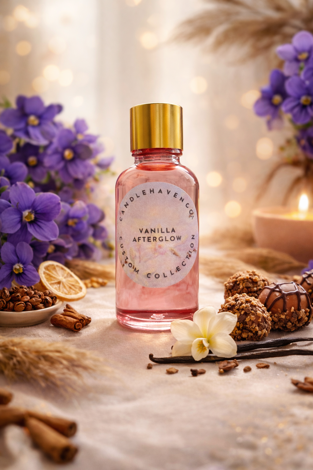 Vanilla Afterglow fragrance oil bottle with vanilla beans, flowers, and candles on a decorative surface.