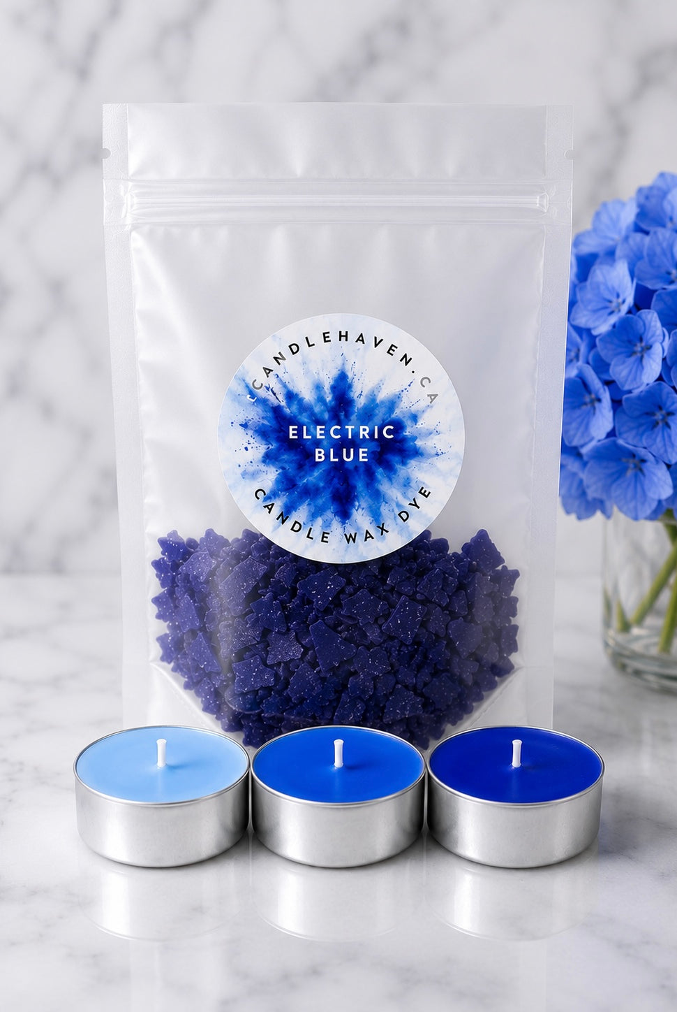 Electric blue wax dye chips by candlehaven.ca