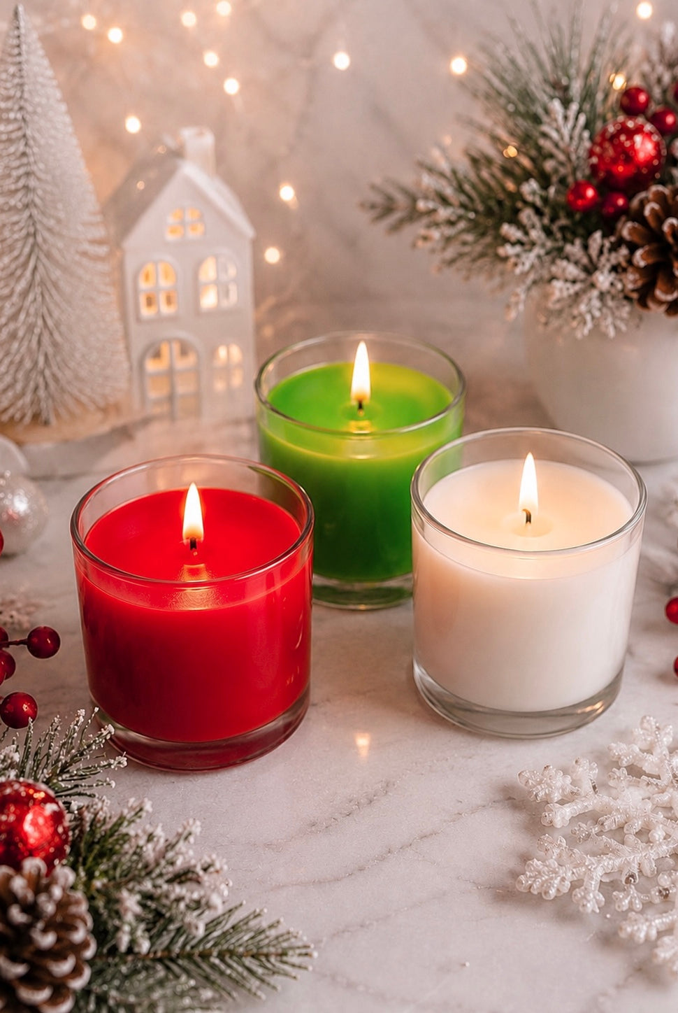 Three lit candles in clear glass jars, one red, one green, and one white, depicting wax dye chips for colouring candles arranged on a marble surface with Christmas decorations including pine branches, red berries, a small white tree, and a house-shaped ornament.