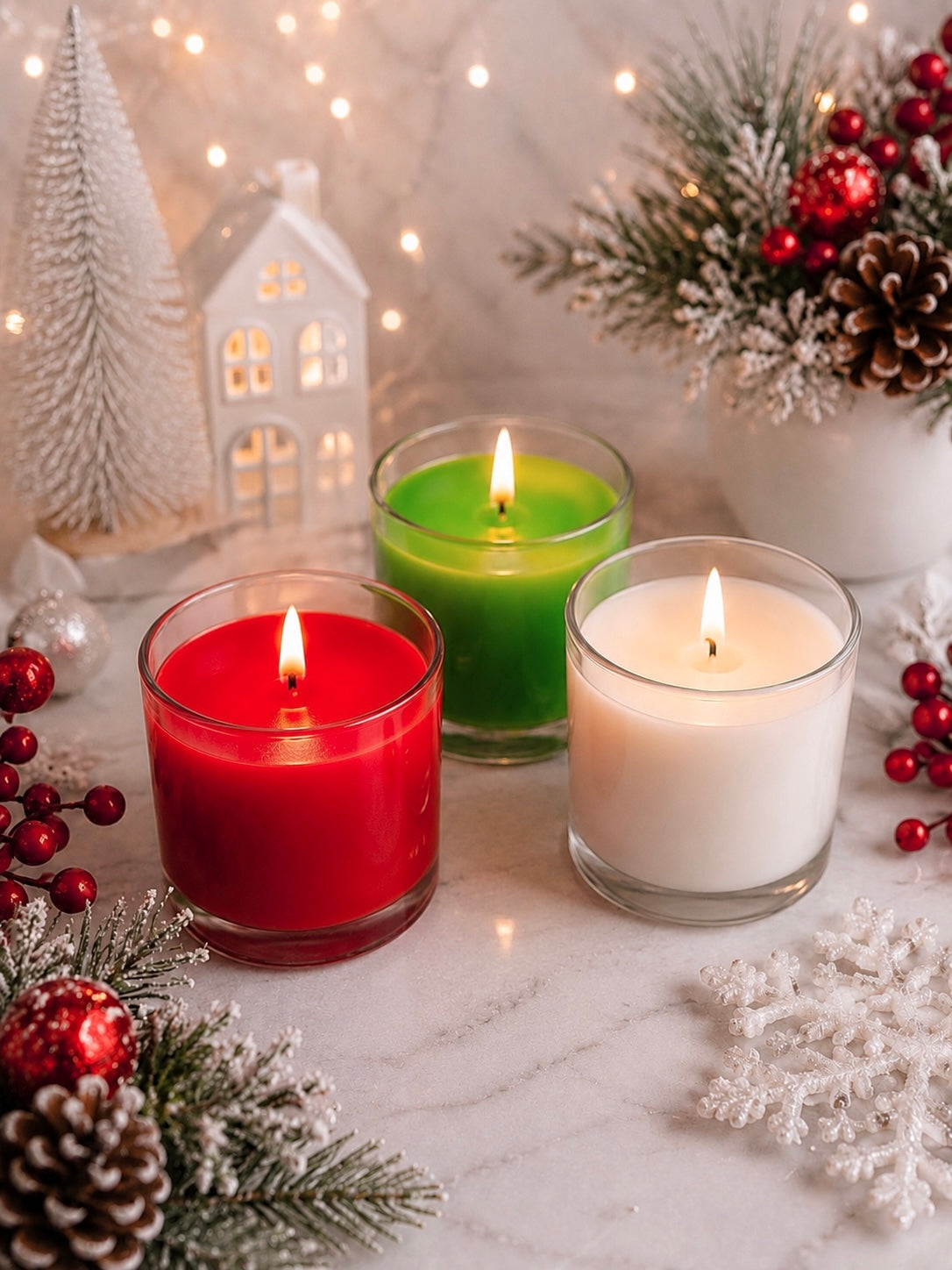 Three lit candles in clear glass jars, one red, one green, and one white, depicting wax dye chips for colouring candles arranged on a marble surface with Christmas decorations including pine branches, red berries, a small white tree, and a house-shaped ornament.