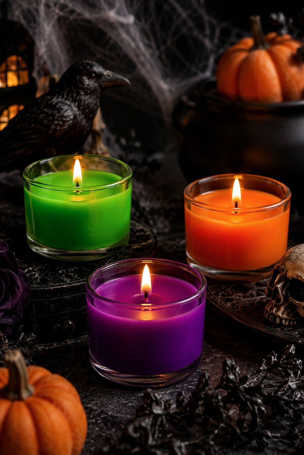 Three lit glass candles in green, orange, and purple depicting wax dye chips for colouring candles are arranged on a dark surface with Halloween props including pumpkins, a skull, dried leaves, a black cauldron, a raven, and cobwebs.