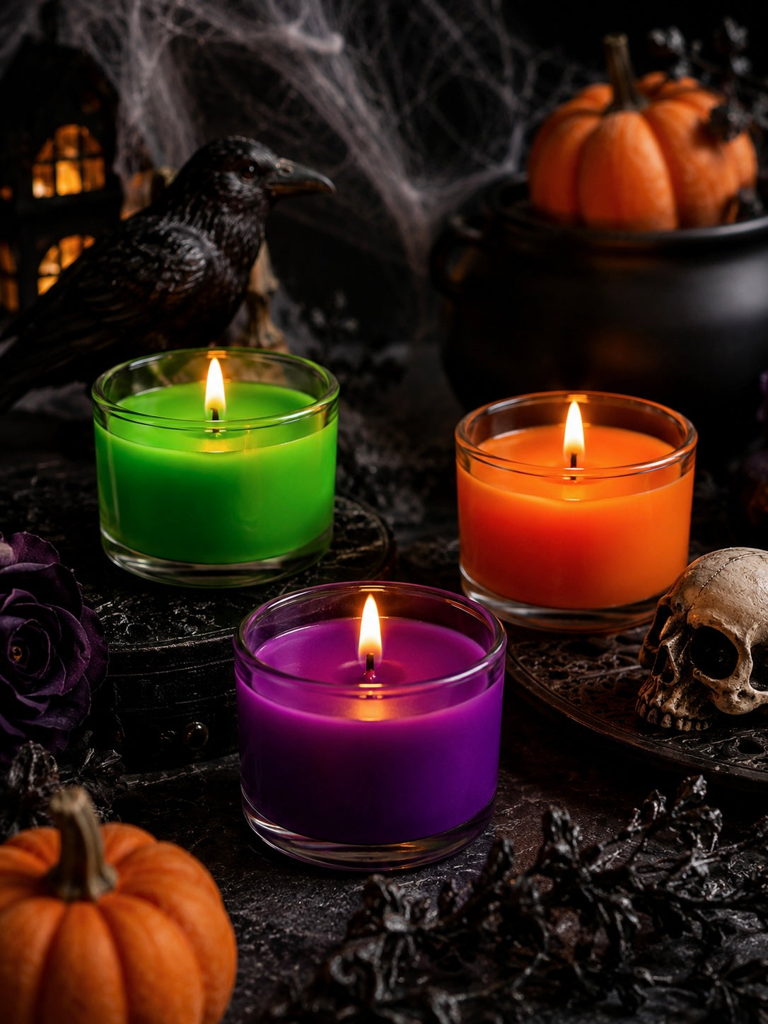 Three lit glass candles in green, orange, and purple depicting wax dye chips for colouring candles are arranged on a dark surface with Halloween props including pumpkins, a skull, dried leaves, a black cauldron, a raven, and cobwebs.