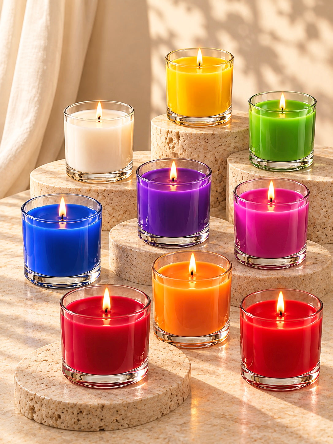 9 different coloured container candles to depict wax dye chips